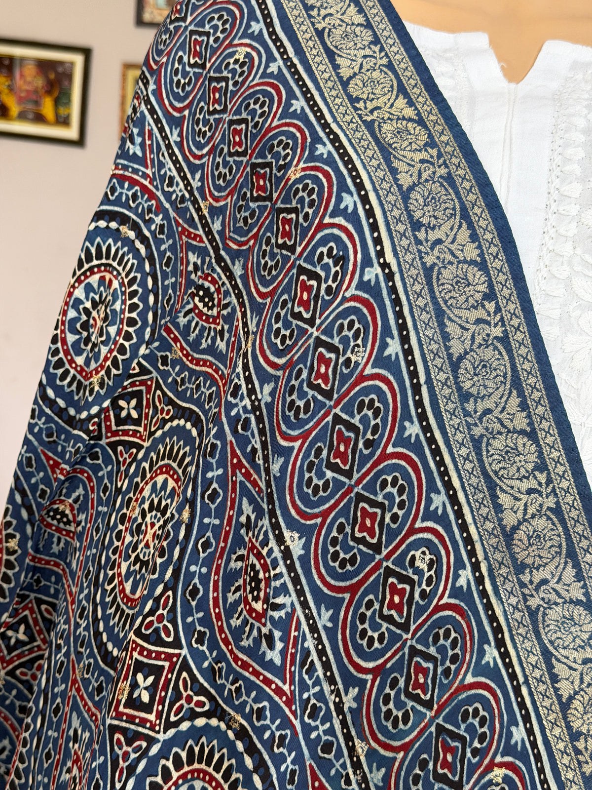 Ajrakh Dola Silk Dupatta With Zari Weaved Border
