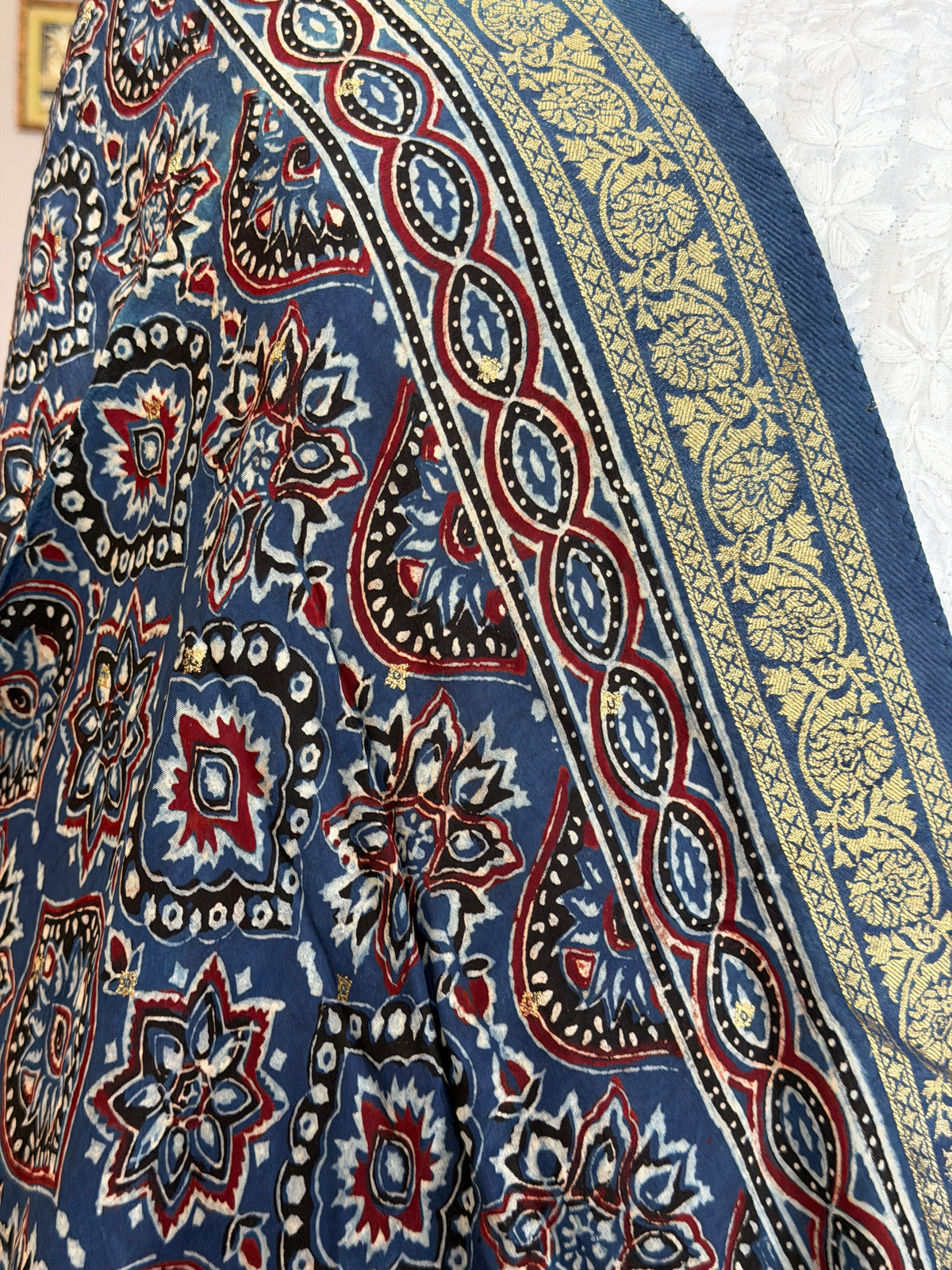 Ajrakh Dola Silk Dupatta With Zari Weaved Border
