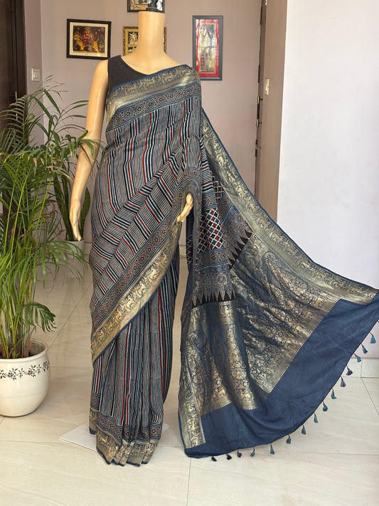 Indigo Contemporary Ajrakh Saree In Dola