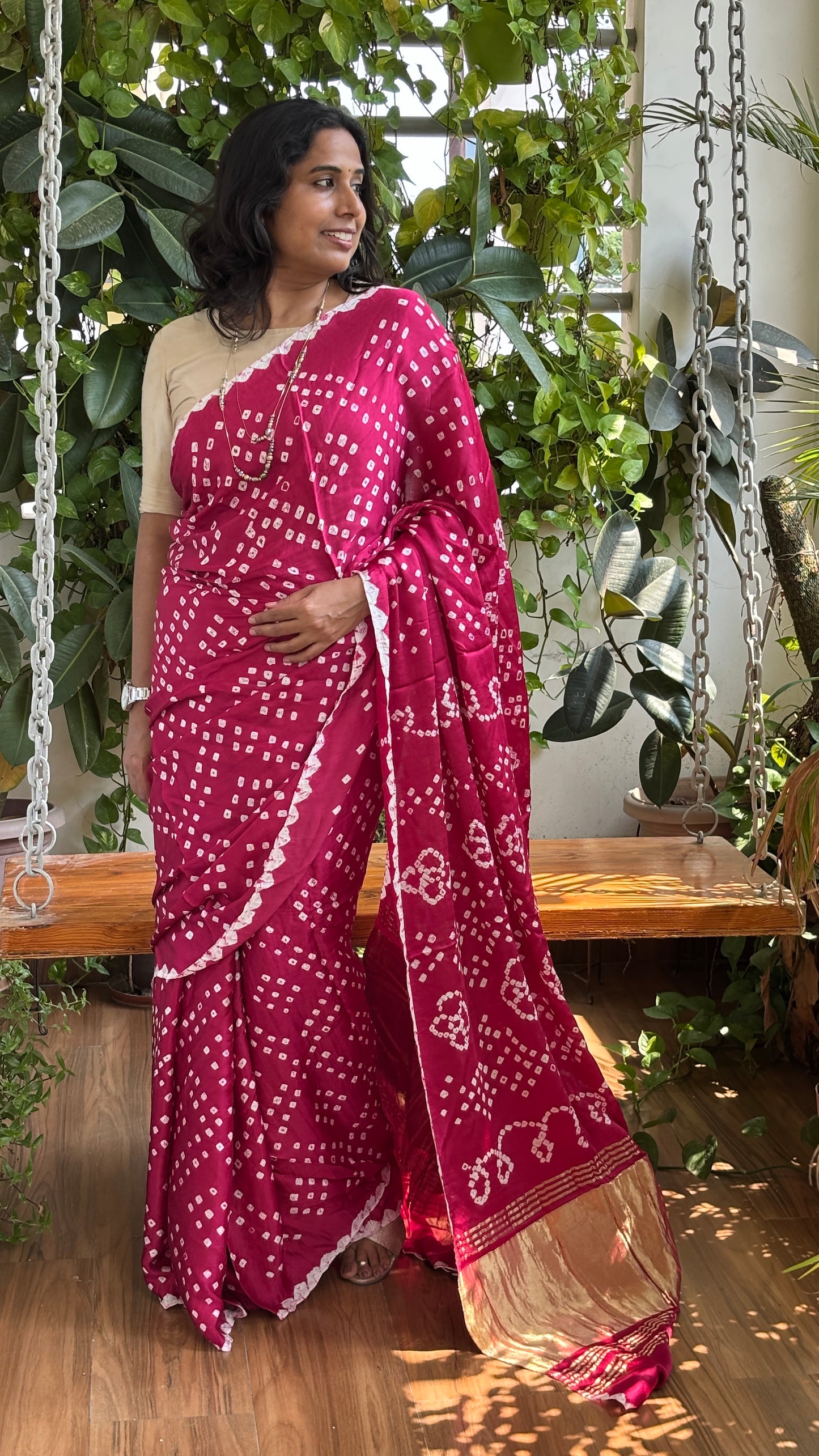 Aabha - Magenta Colour Hand Bandhej Modal Saree