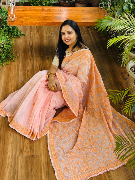 Peach Pink Colour Light Chrushed Candri Cotton Chikankari Hand Embroidered Saree