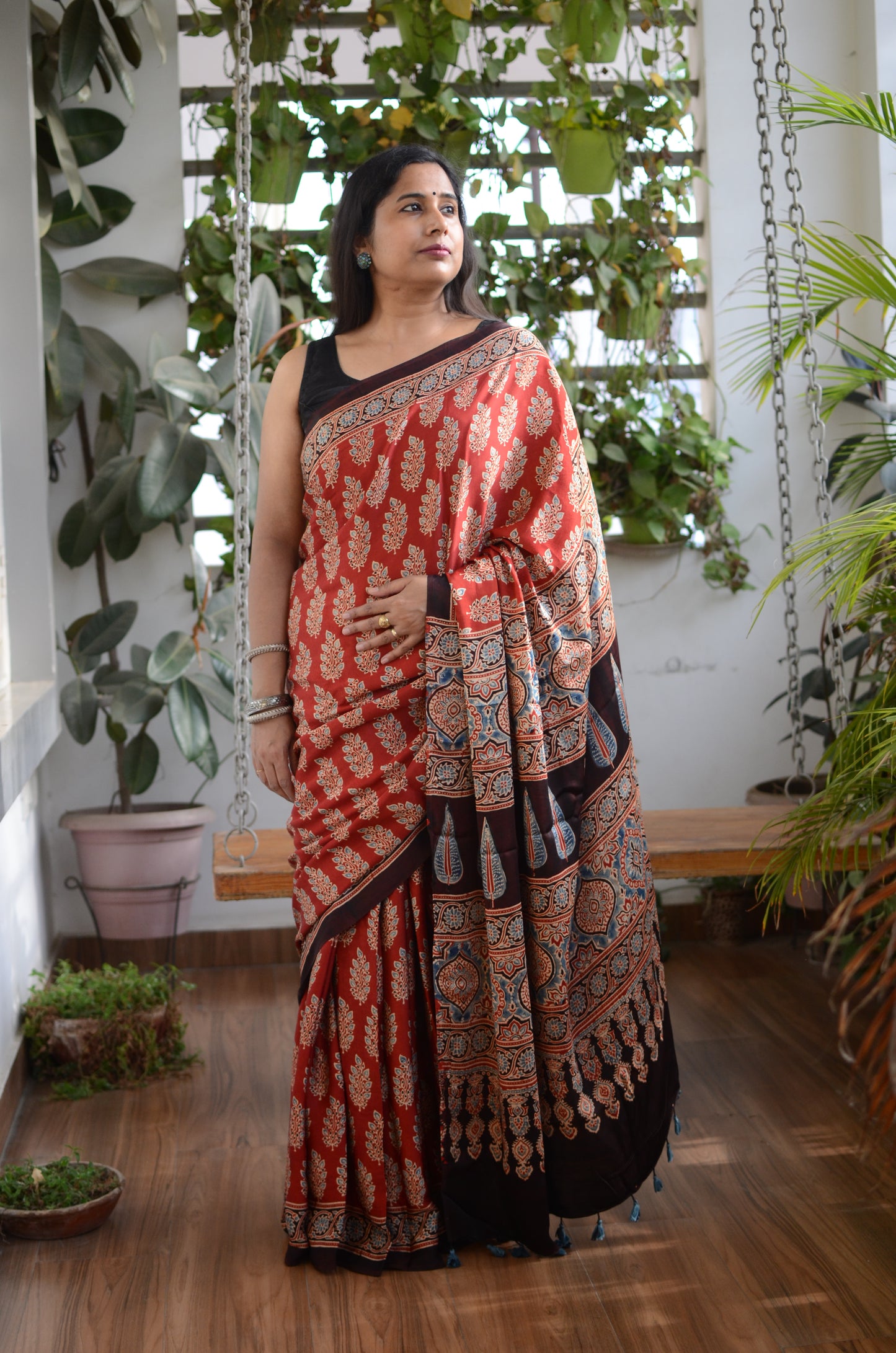 Patjhar - Ajrakh Natural Dyed Madder Red Colour Leaf Motif Premium Ajrakh Saree