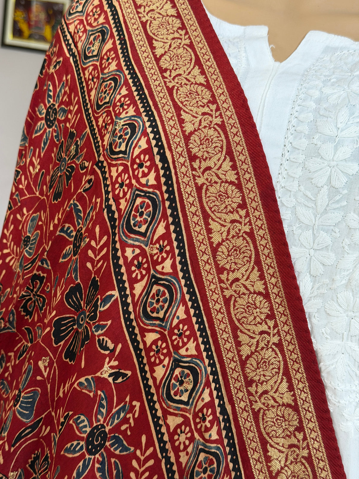 Ajrakh Dola Silk Dupatta With Zari Weaved Border