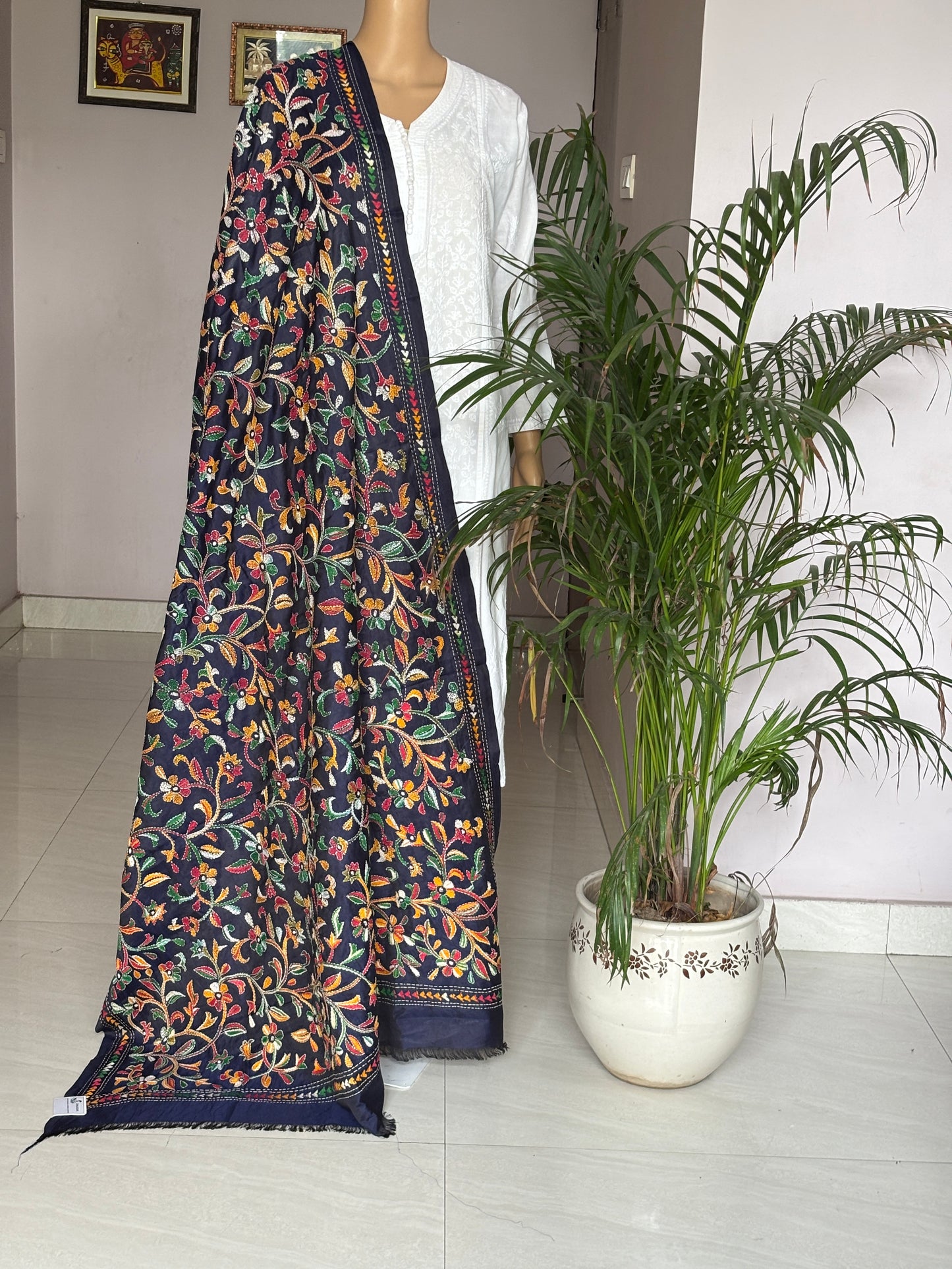 Kantha Hand Embroidered Blended Bangalore Silk Navy Blue Multicolour Floral Dupatta