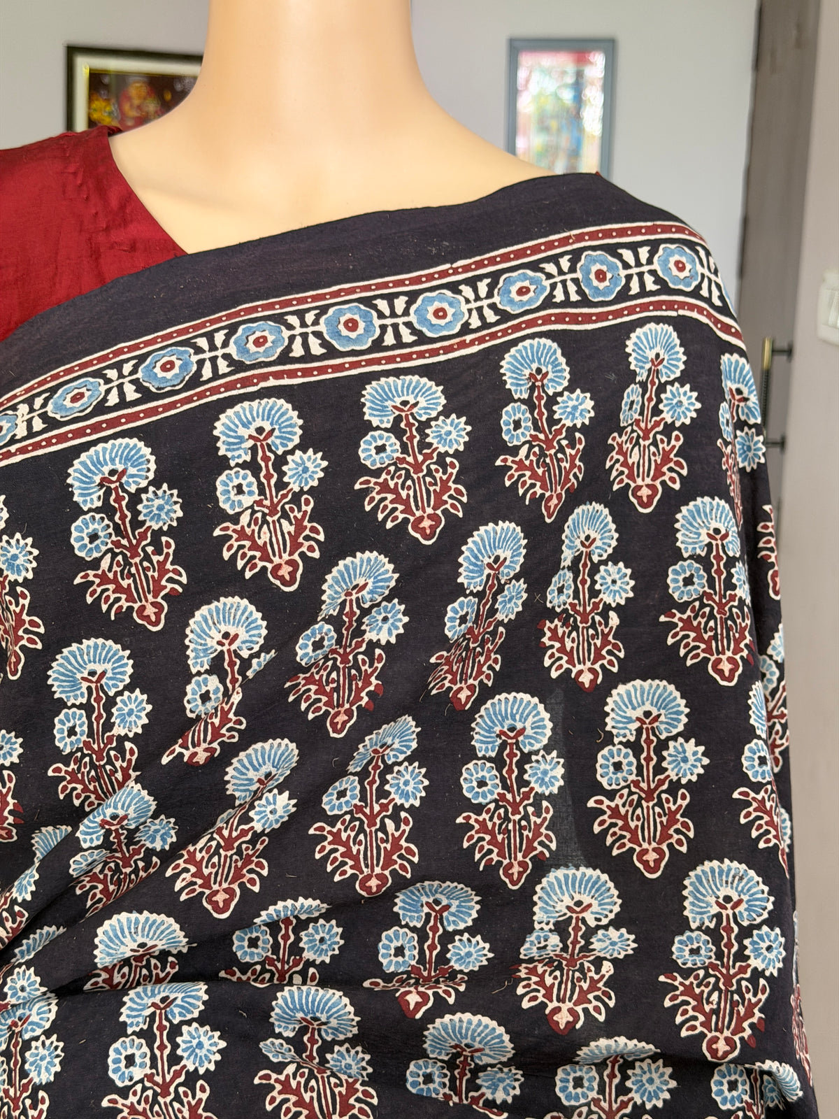 Cotton Ajrakh Hand Block Printed Contemporary Saree