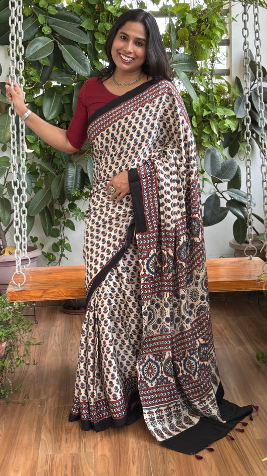 Aayat - Natural Dyed Pale Ivory Colour Ajrakh Hand Block Printed Modal Saree
