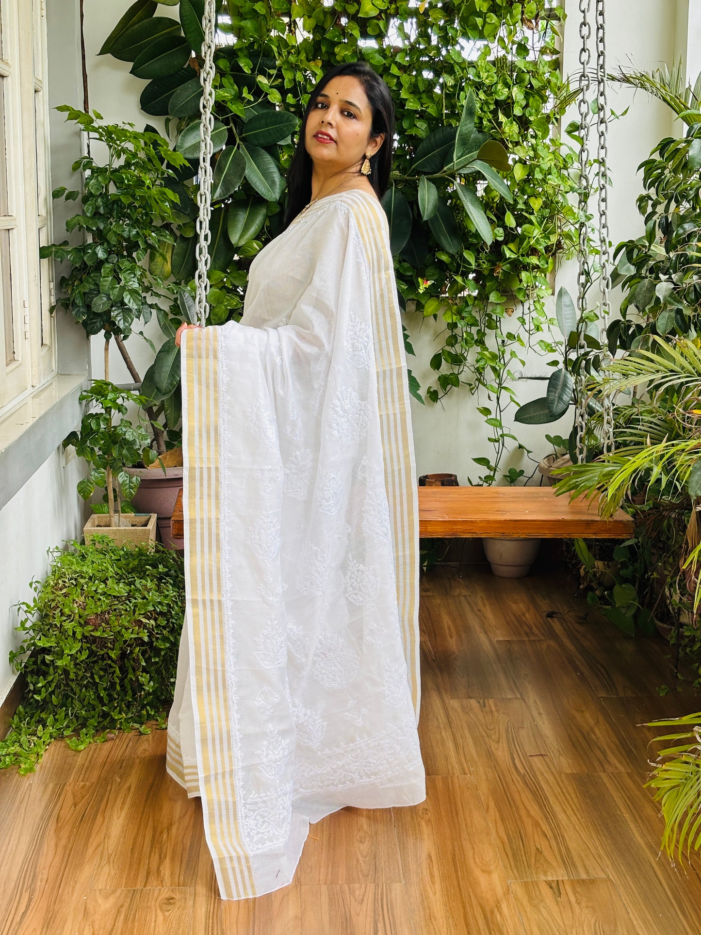 White Colour Candri Cotton Chikankari Hand Embroidered Saree