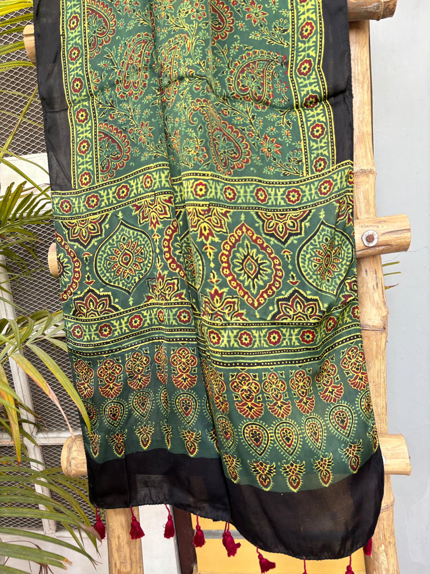 Ajrakh Stole- Natural Dyed Green Stole