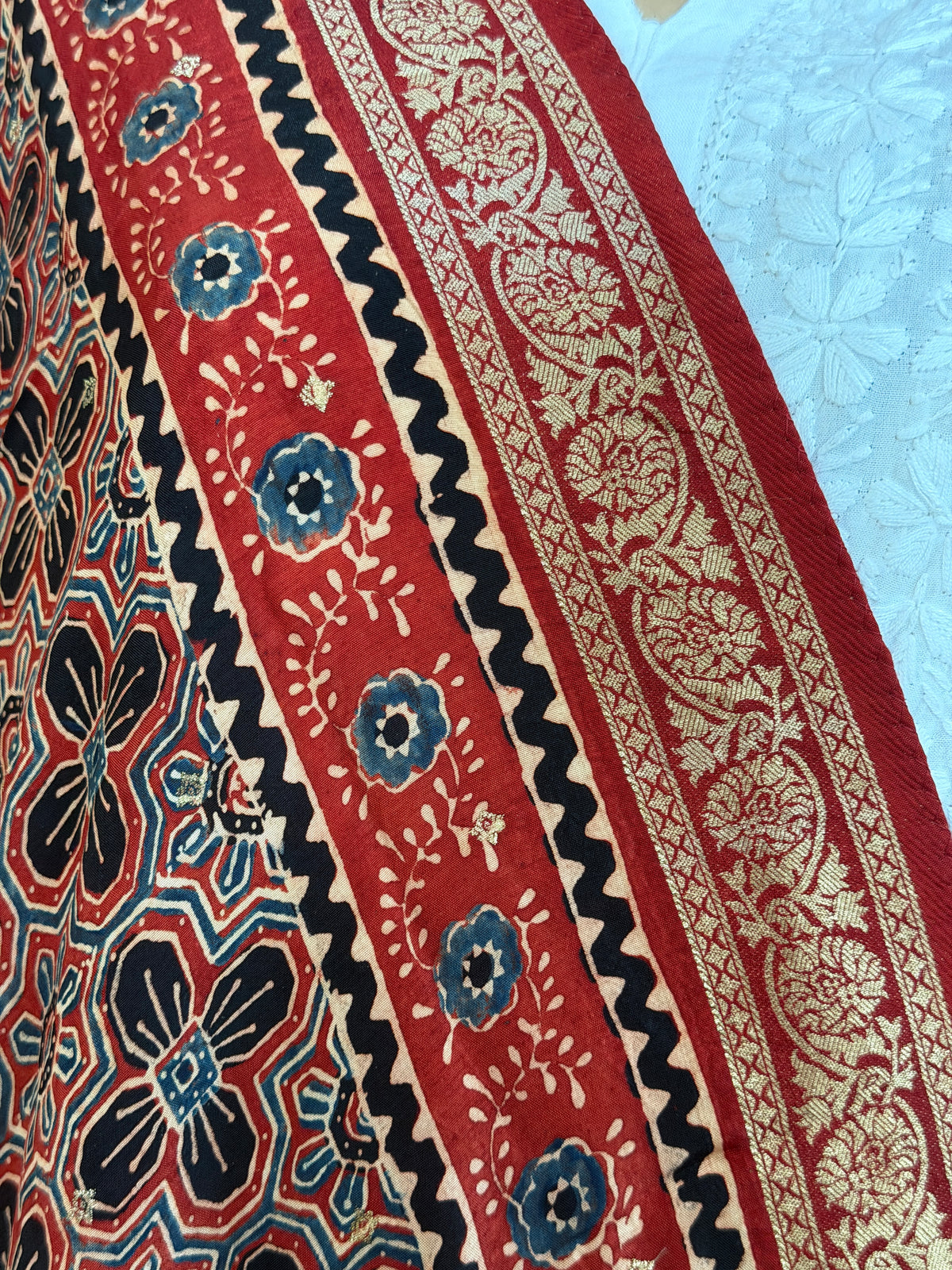 Ajrakh Dola Silk Dupatta With Zari Weaved Border