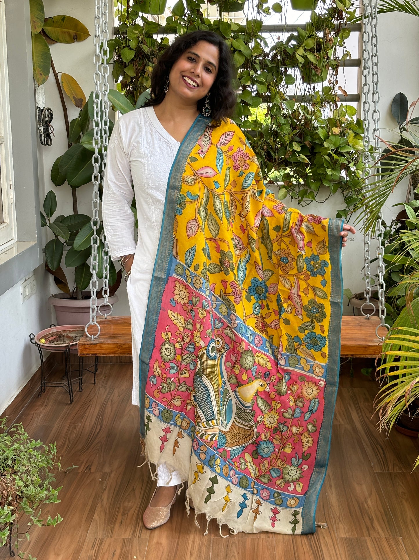 Yellow- Srikalahasti Pen Kalamkari Hand Painted Silk Cotton Dupatta with Zari Weaved Border