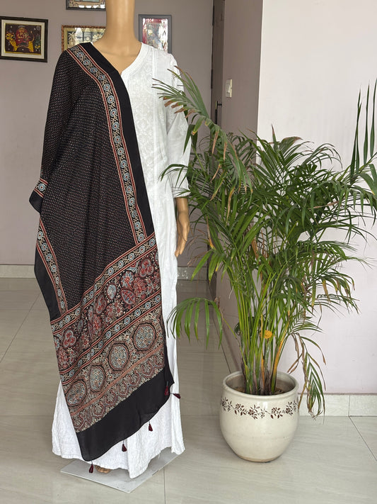 Black Colour Natural Dyed Ajrakh Hand Block Printed Contemporary Polka Dot Modal Stole