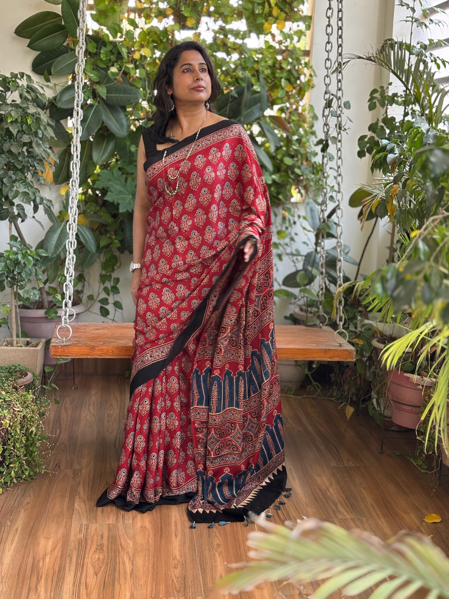 Red Ajrakh Modal Saree, Ajrakh modal saree, semi side view