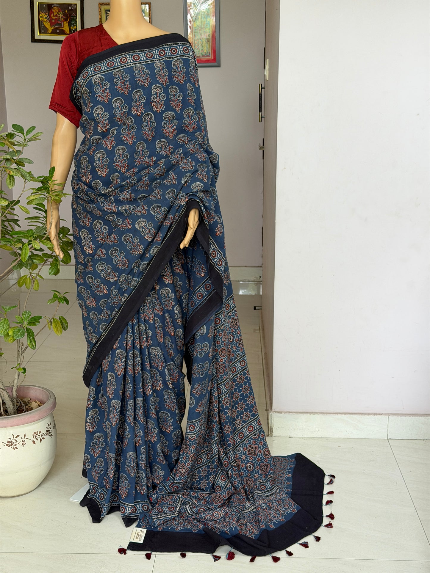 Cotton Ajrakh Hand Block Printed Contemporary Saree