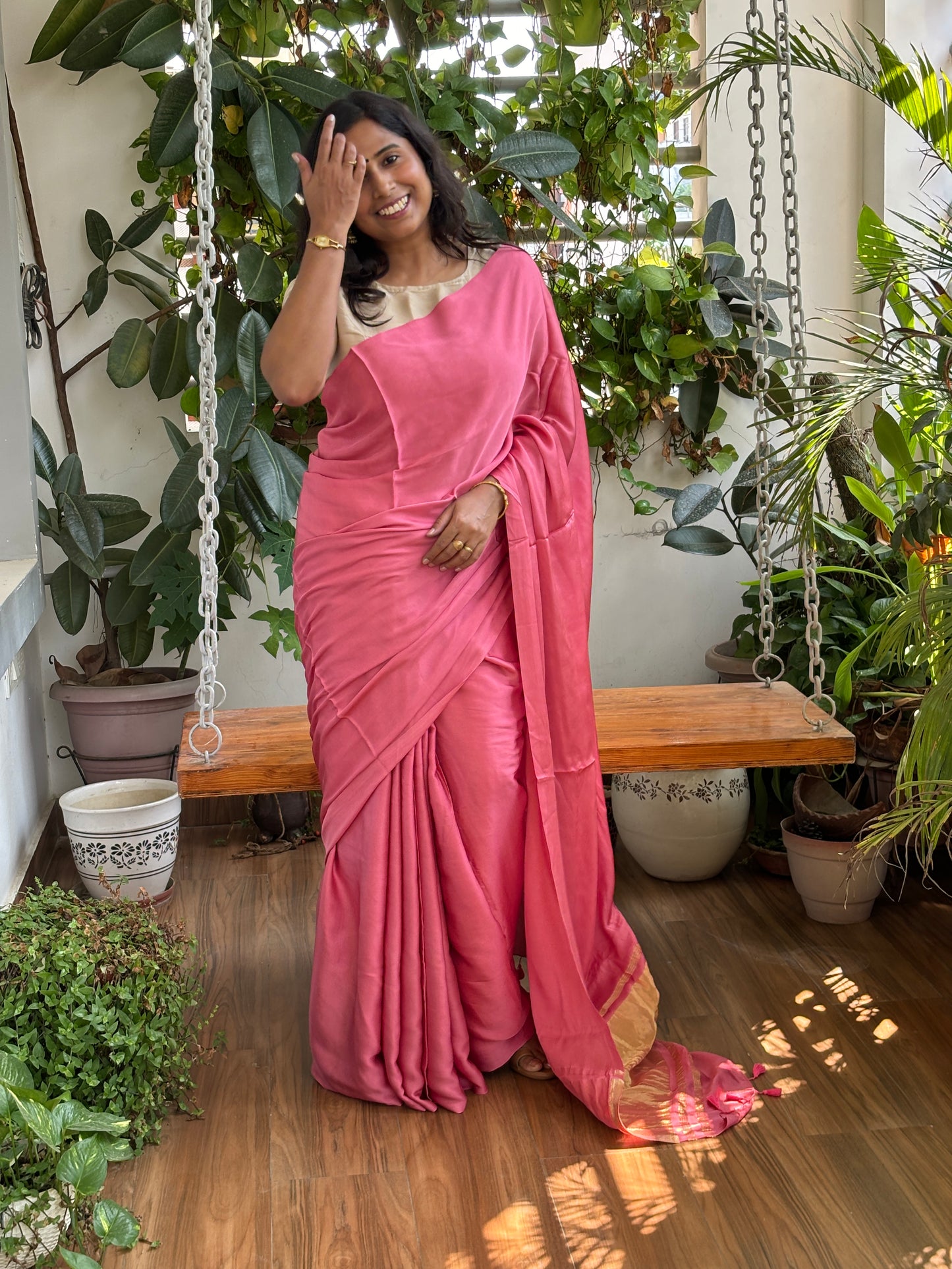Pink Colour Modal Plain Saree With Lagdi Palla