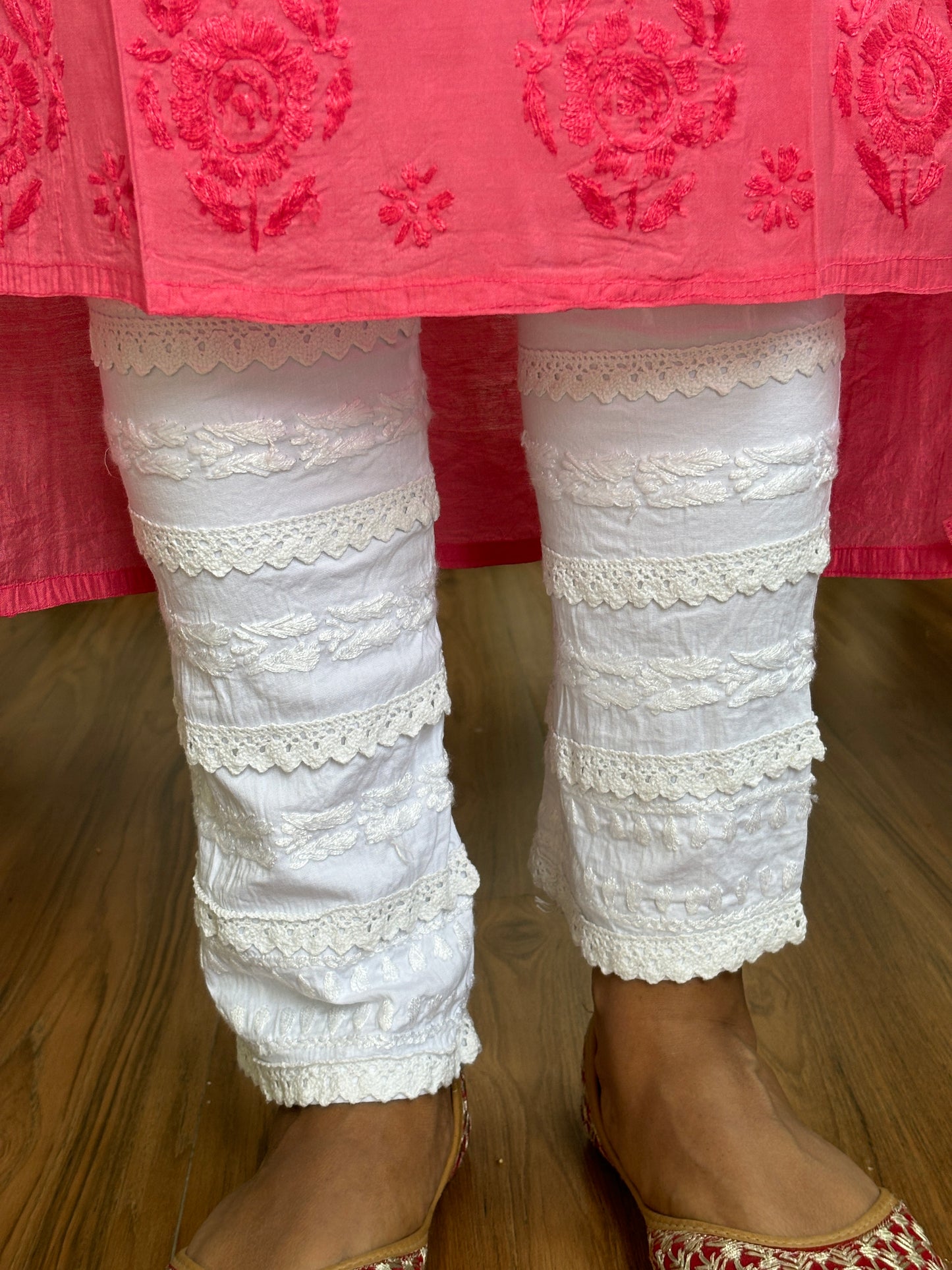 Chikankari Stretchable Cotton Pant With 4 Layer Lace