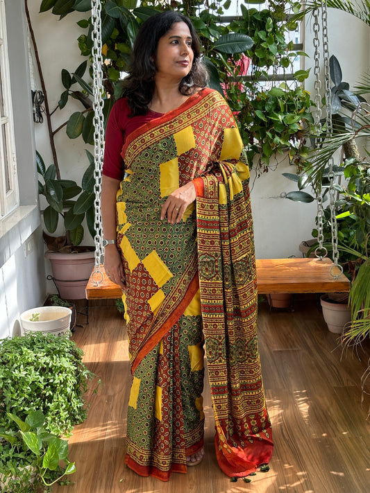 Rangilo Maro - Natural Dye  Yellow and Green Modal Premium Saree Contemporary Motif