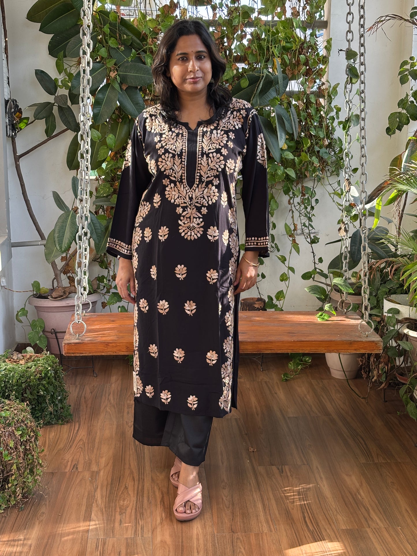 Black Multicolour Chikan Hand Embroidered Rayon Cotton Kurti