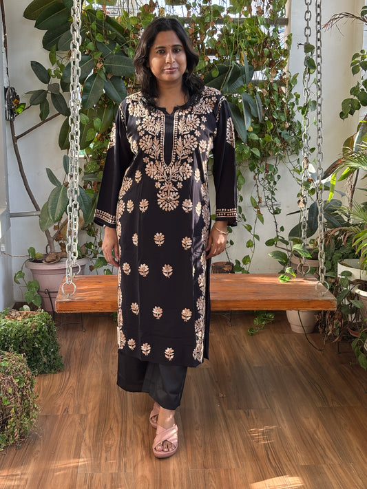 Black Multicolour Chikan Hand Embroidered Rayon Cotton Kurti