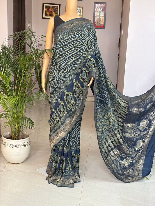 Indigo Green Ajrakh Saree In Dola Silk