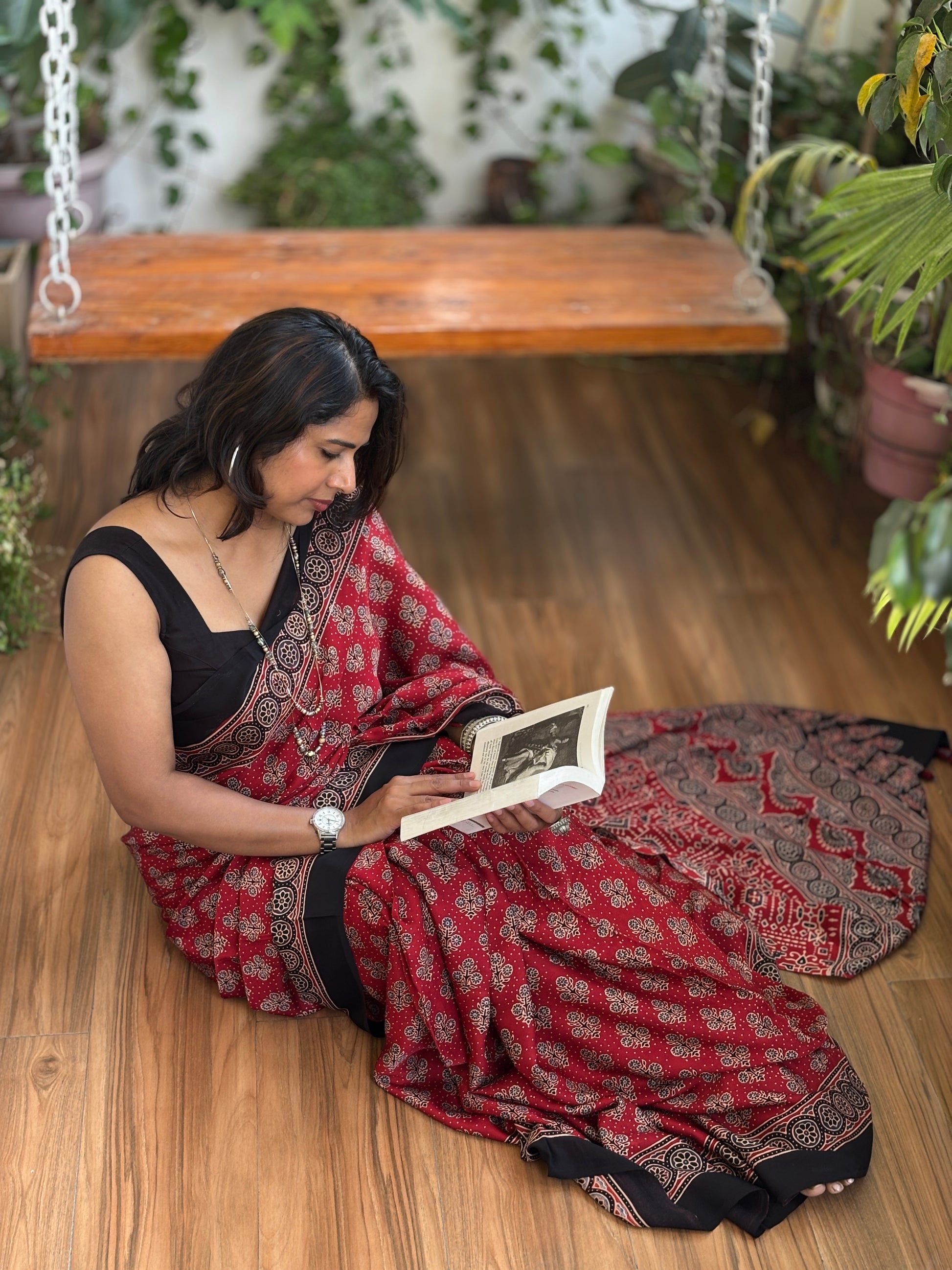 Red Ajrakh Modal Saree, Ajrakh modal saree , lower view