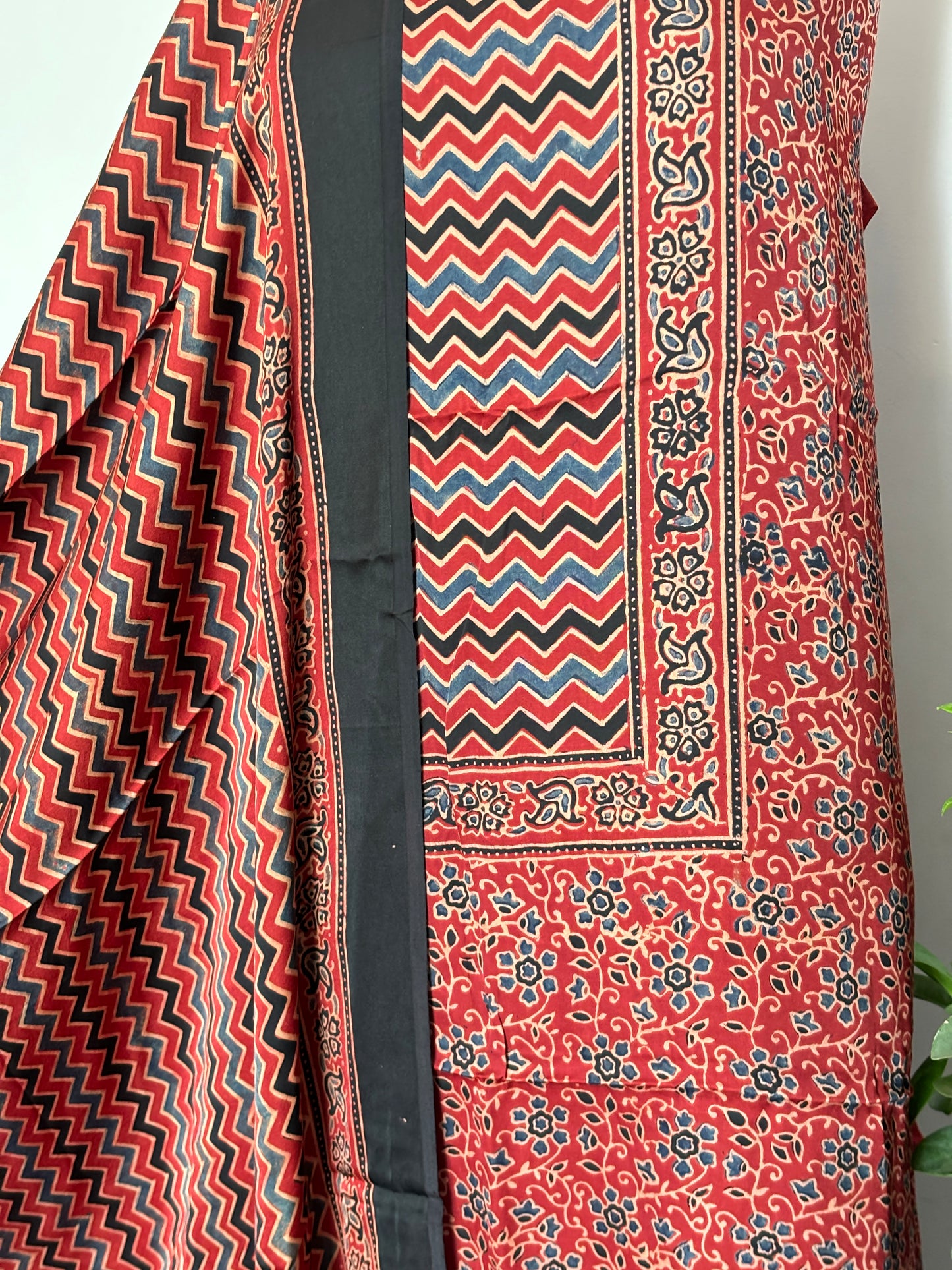 Natural Dyed Ajrakh Madder Colour Small Floral Buta with front Panel Shirt and Beautifil Dupatta