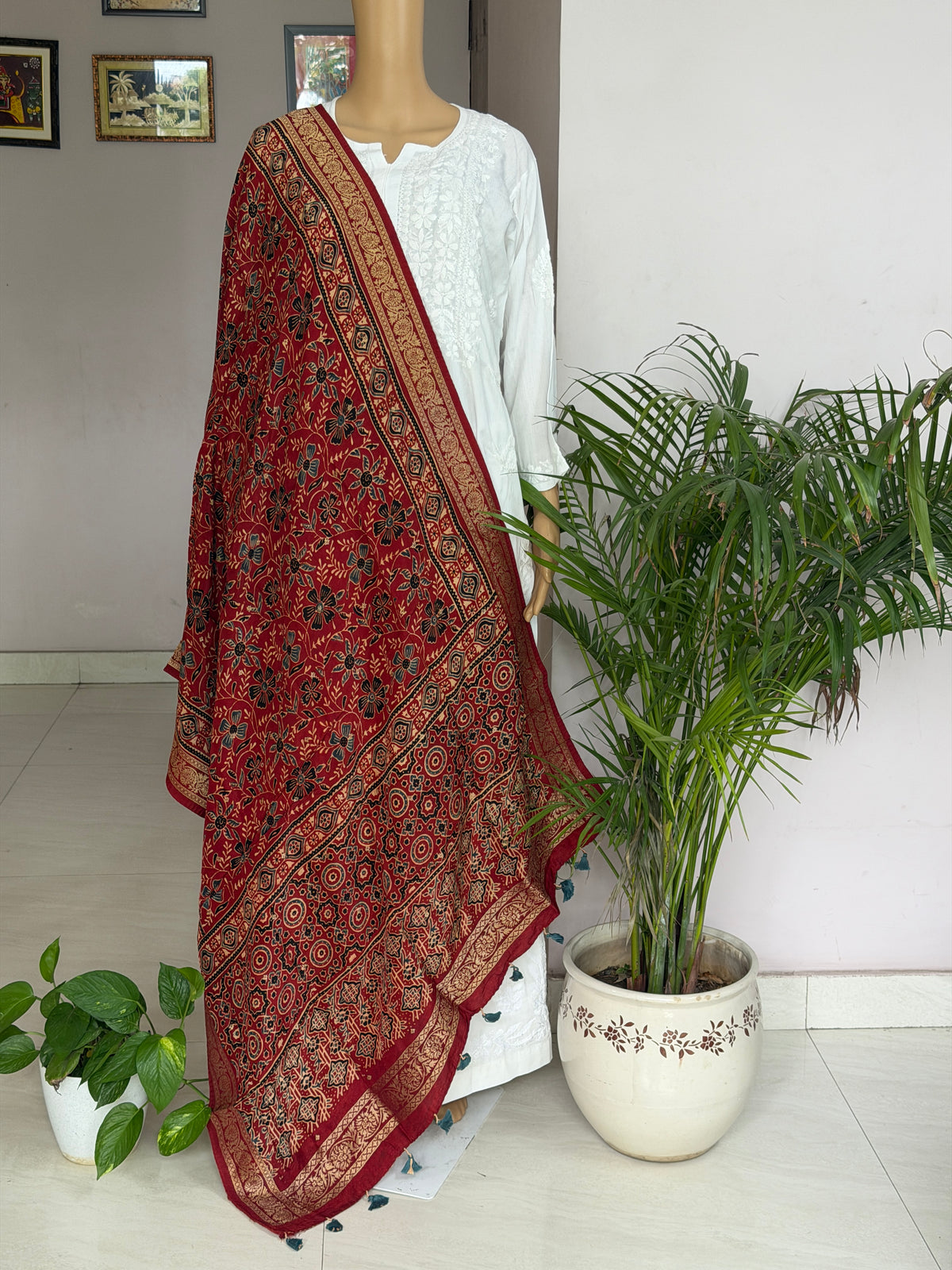 Ajrakh Dola Silk Dupatta With Zari Weaved Border
