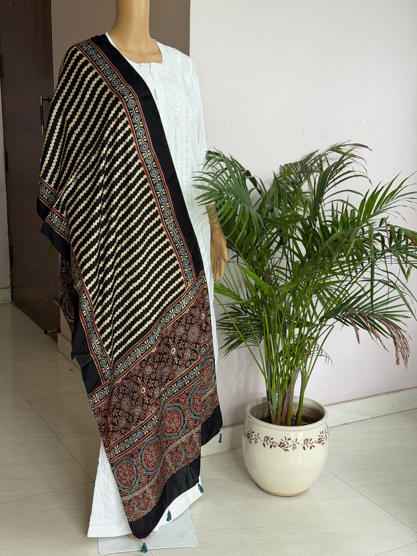Black and Pale Ivory Stripe Natural Dyed Ajrakh Hand Block Printed Modal Stole
