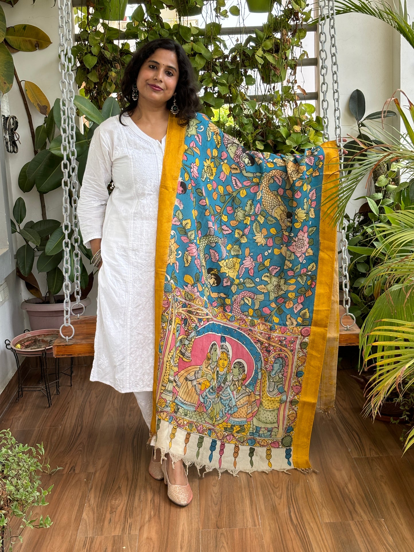 Blue- Srikalahasti Pen Kalamkari Hand Painted Silk Cotton Dupatta With Zari Weaved Border