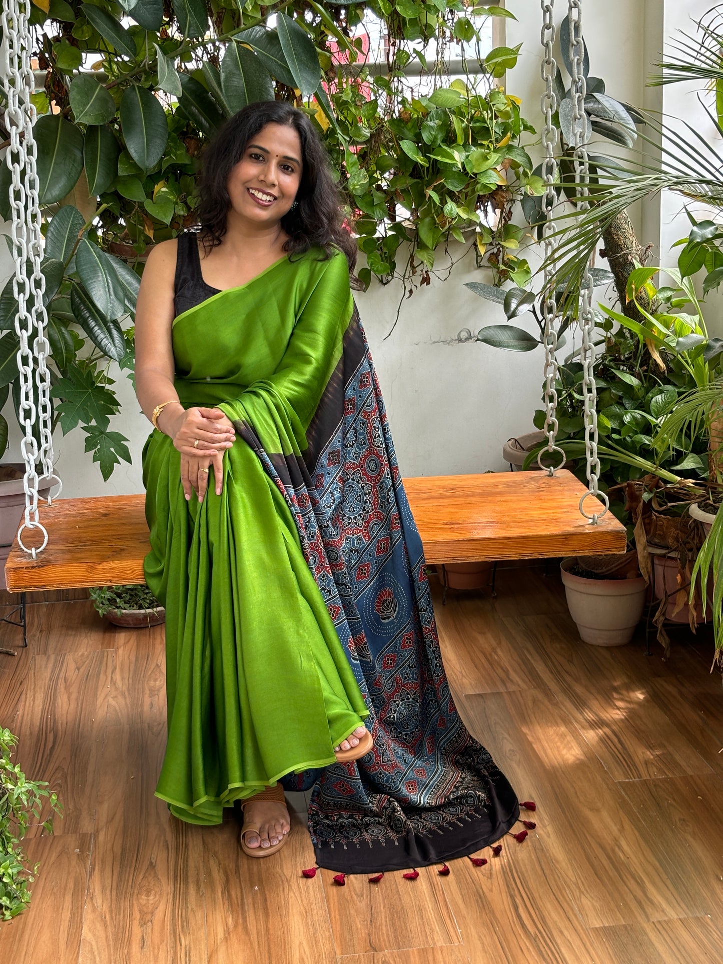 Snigdha - Oreo Green Solid Colur Body With Natural Dyed Indigo Ajrakh Anchal