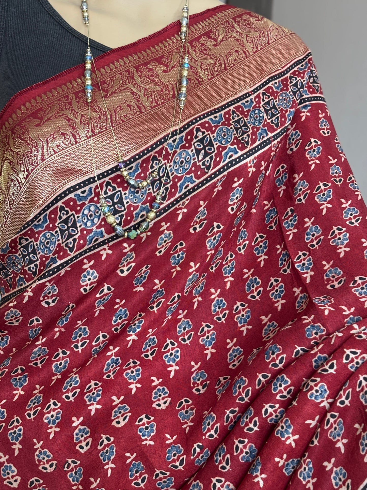 Madder Red  Ajrakh Hand Block Printed Smal Floral Buta Dola Silk Saree