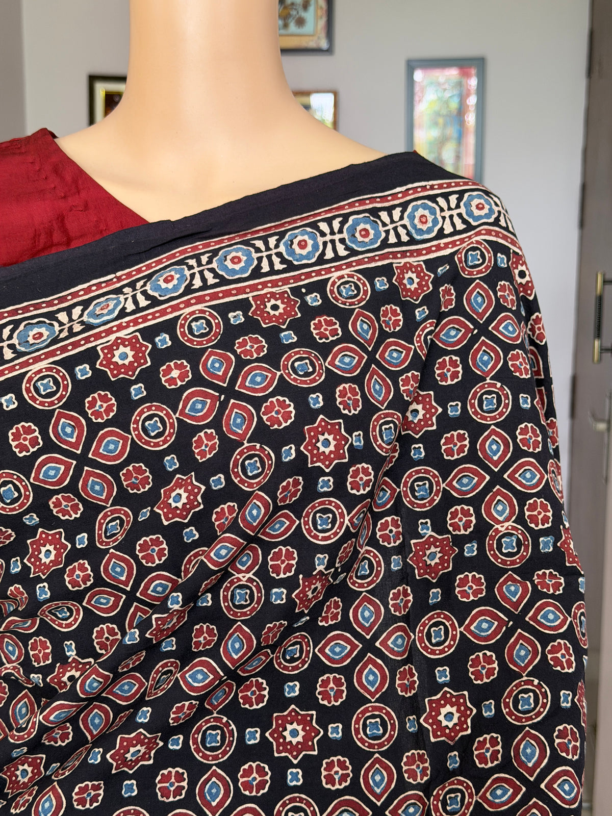 Cotton Ajrakh Hand Block Printed Contemporary Saree