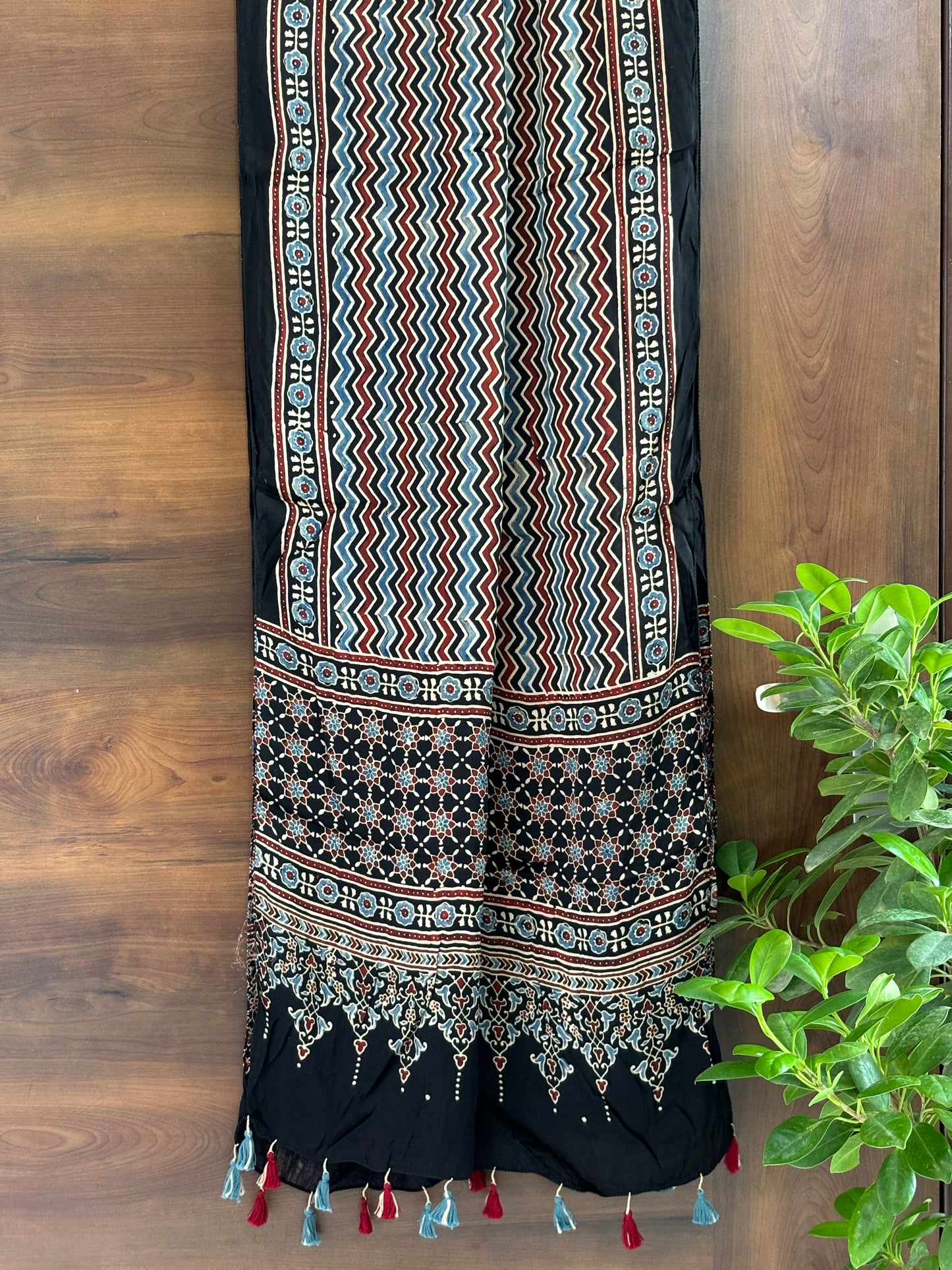 Ajrakh Stole- Black and Indigo Natural Colour Contemporary Zig Zag