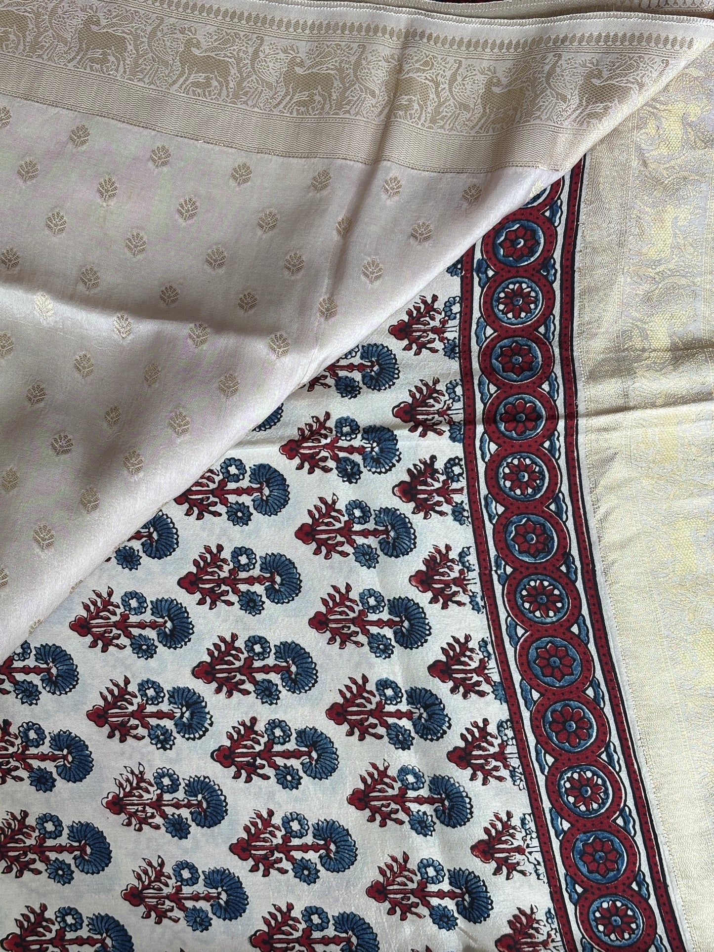 Pale Ivory Ajrakh Hand Block Printed Marigold Motif Dola Silk Saree