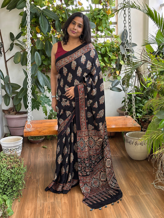 Raat Kali- Natural Dyed Black Floral Stalk Motif Modal Saree