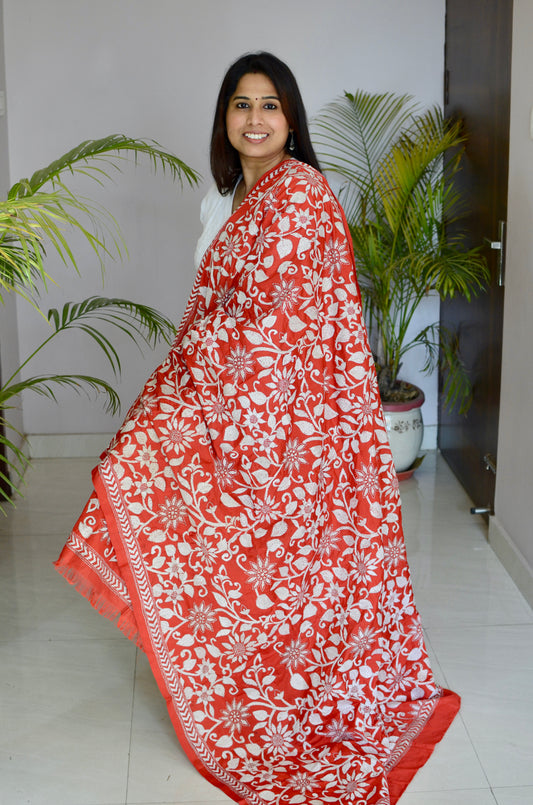 Red  Kantha Hand Embroidered Silk Statement Dupatta with Floral Jaal