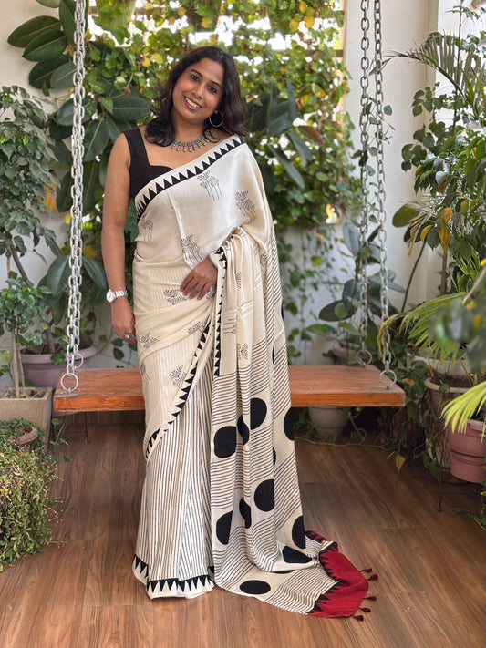 Ajrakh White Modal Saree, Ajrakh Modal Saree, Front view 