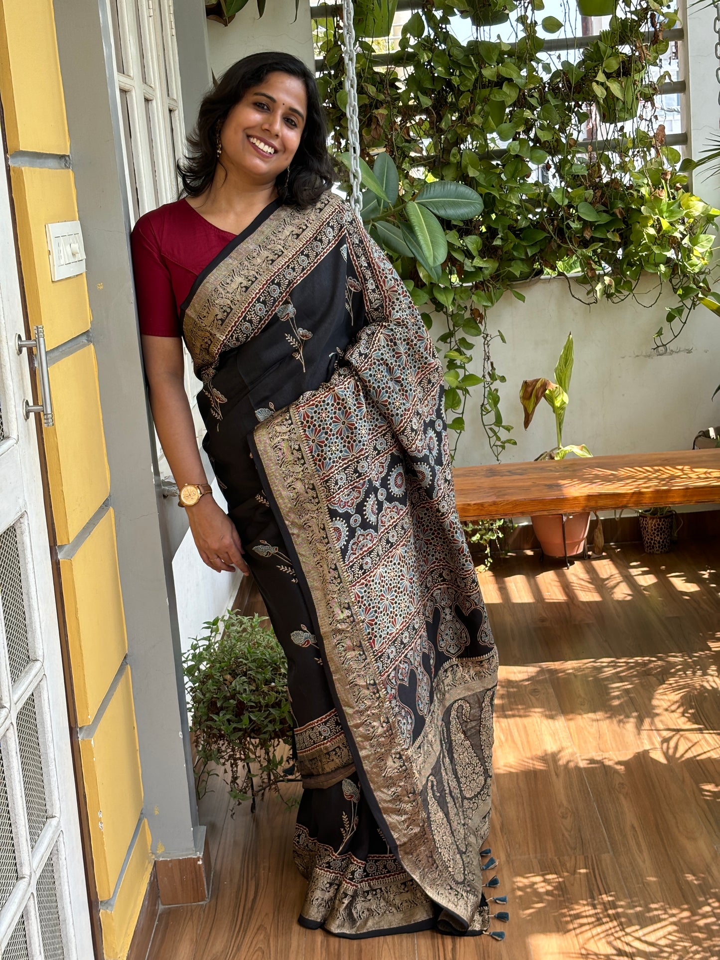 Pushpa- Floral Stalk Motif Black Ajrakh Saree In Dola