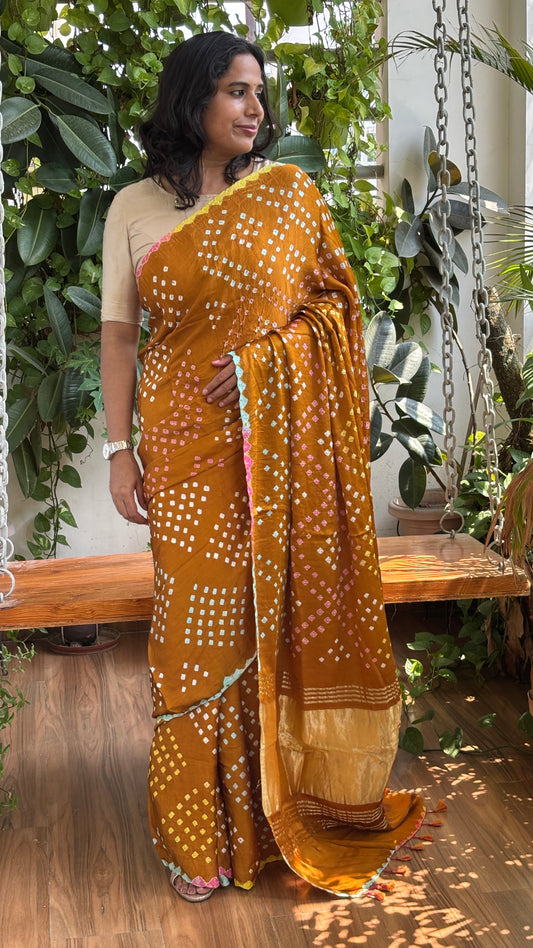 Satrangi - Mustard Yellow Colour Base With Multi Colour Hand Bandhej Modal Saree