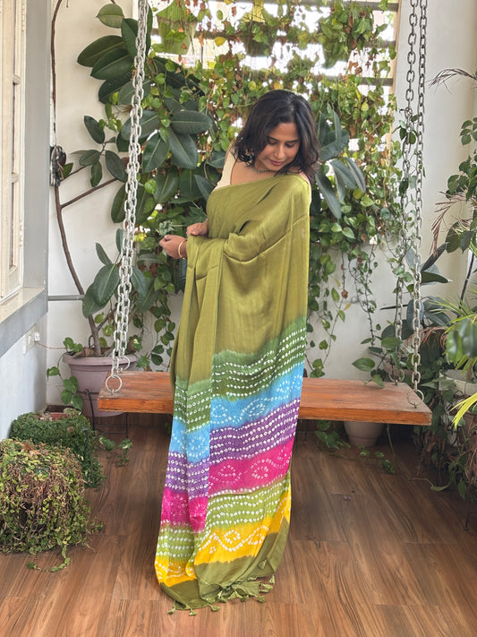 Green Solid Colour  Semi Modal Saree with Multi Colour Bandhej Palla