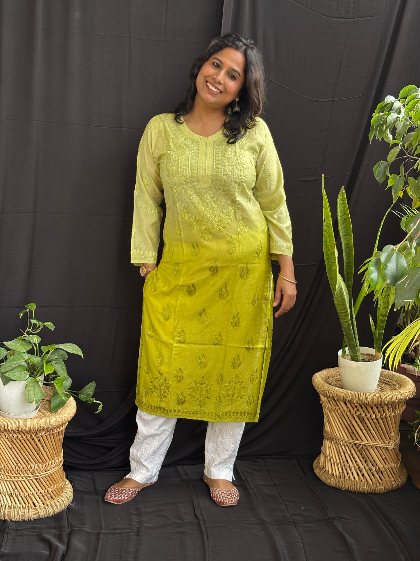 Chanderi Cotton Chikan Hand Embroidered Ombre Dyed Kurti