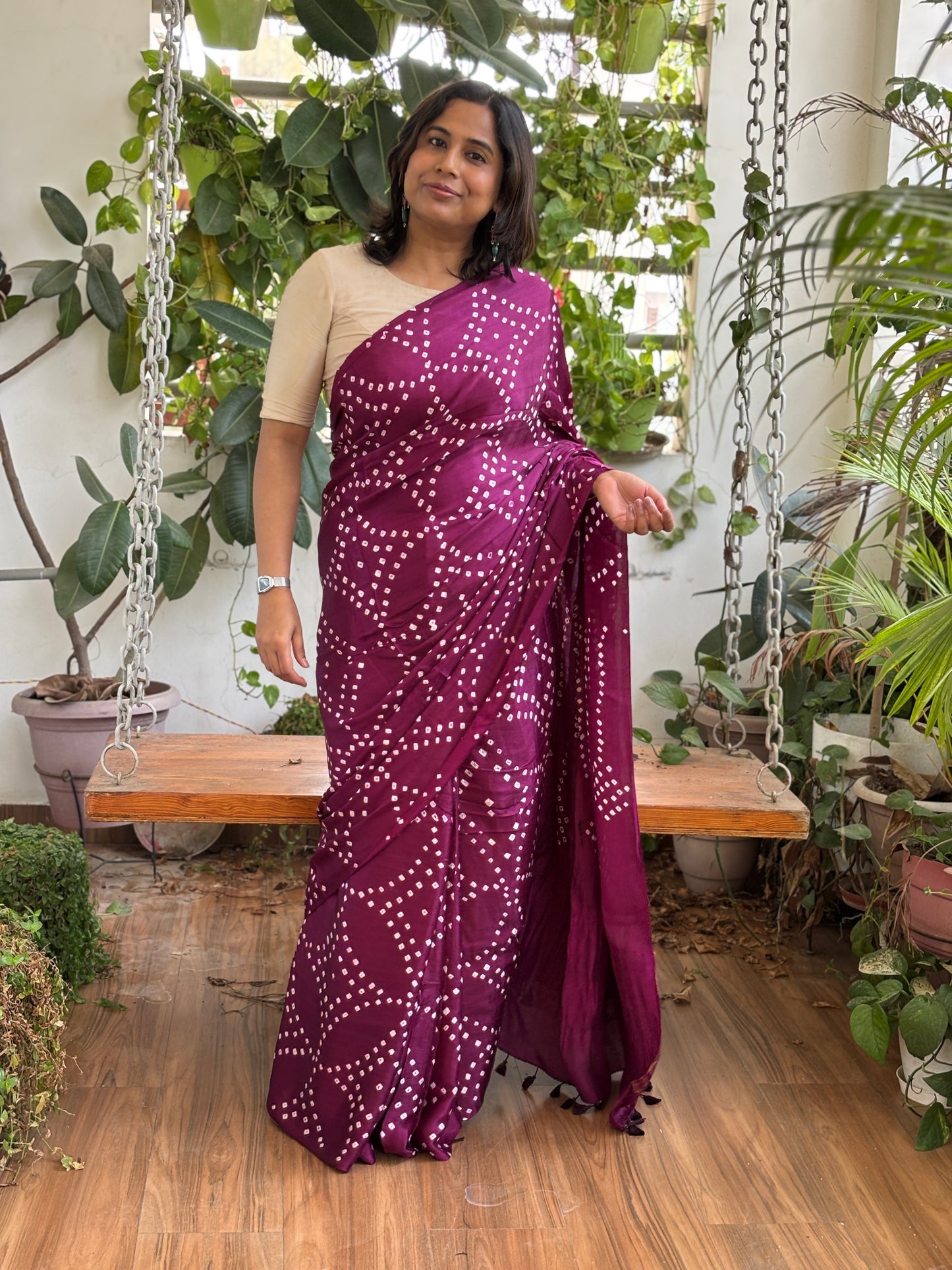 Solid Colour Semi Modal Saree with Bandhej and Tissue Palla