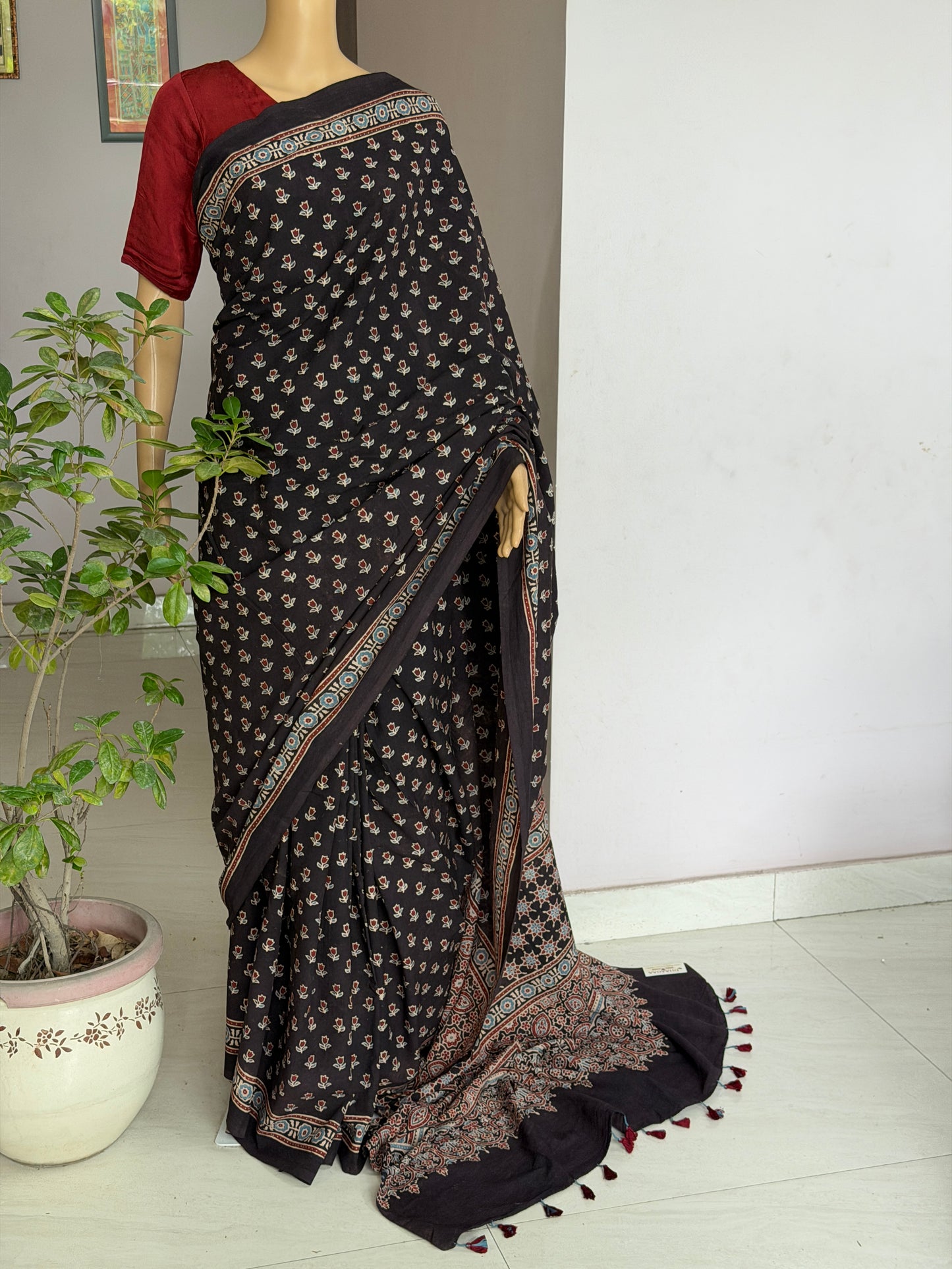 Cotton Ajrakh Hand Block Printed Contemporary Saree