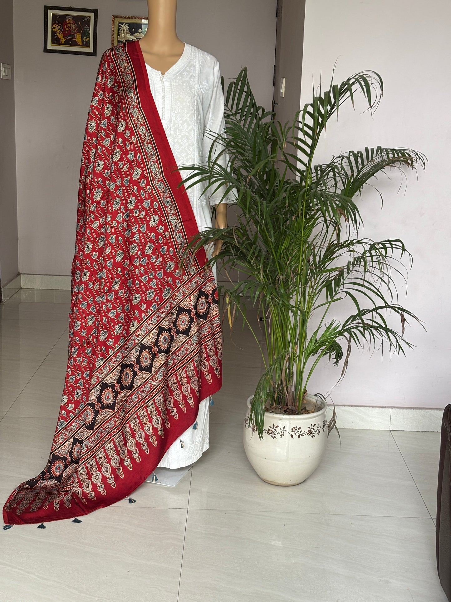 Madder Colour Dupatta With Floral and Bud Motif,ajrakh modal red dupatta front view.