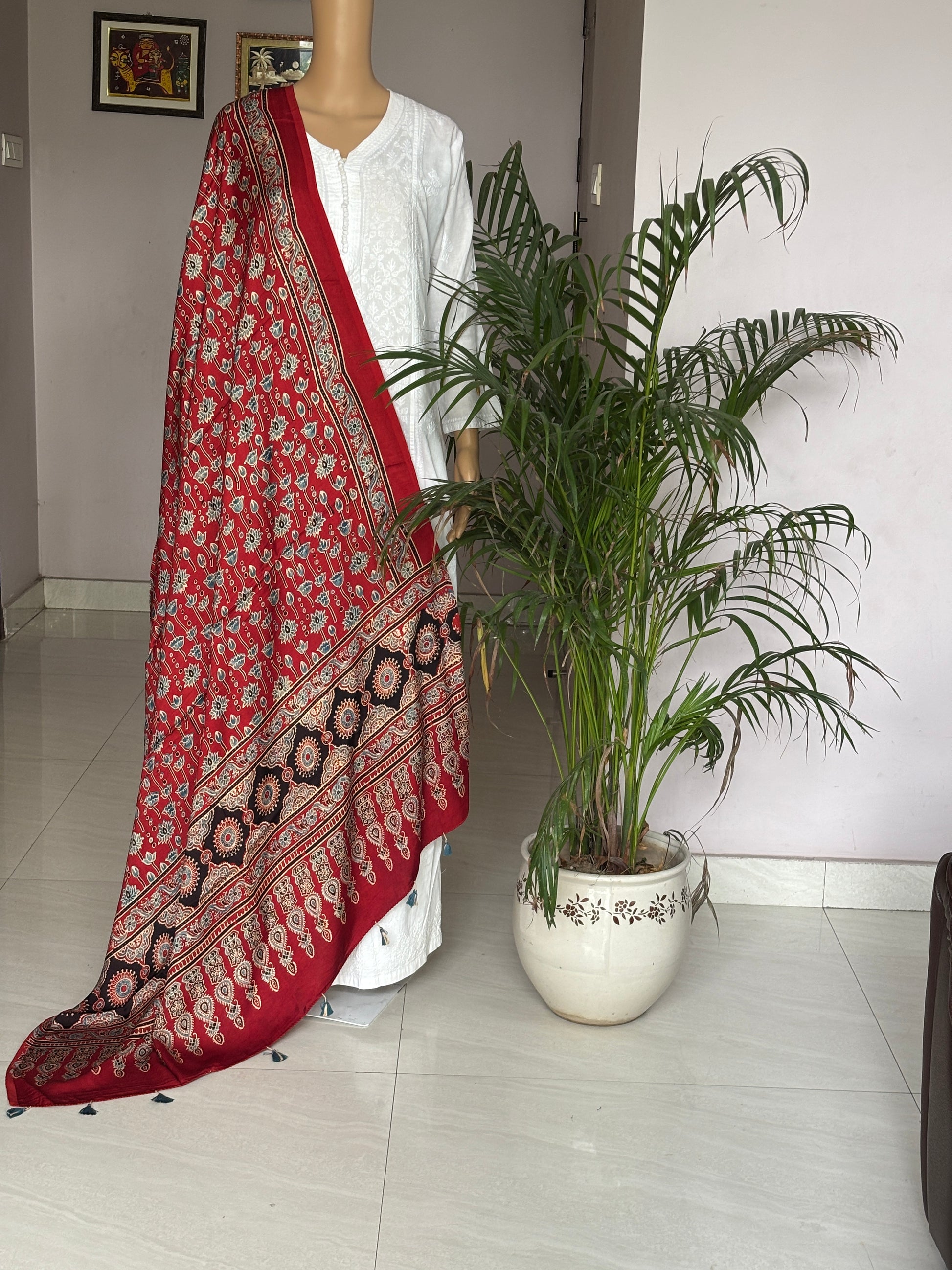 Madder Colour Dupatta With Floral and Bud Motif,ajrakh modal red dupatta front view.