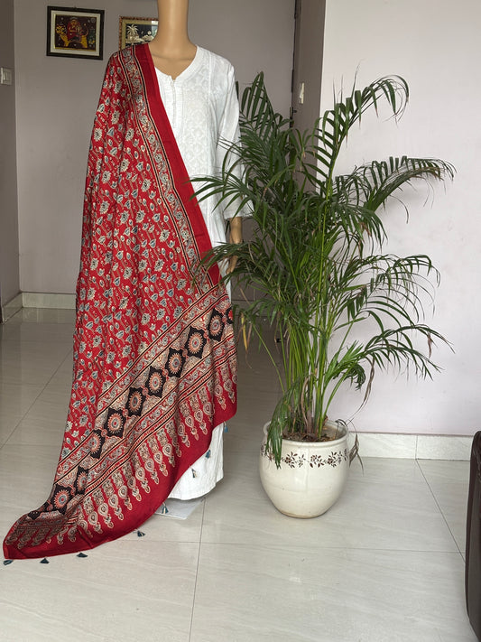 Madder Colour Dupatta With Floral and Bud Motif,ajrakh modal red dupatta front view.