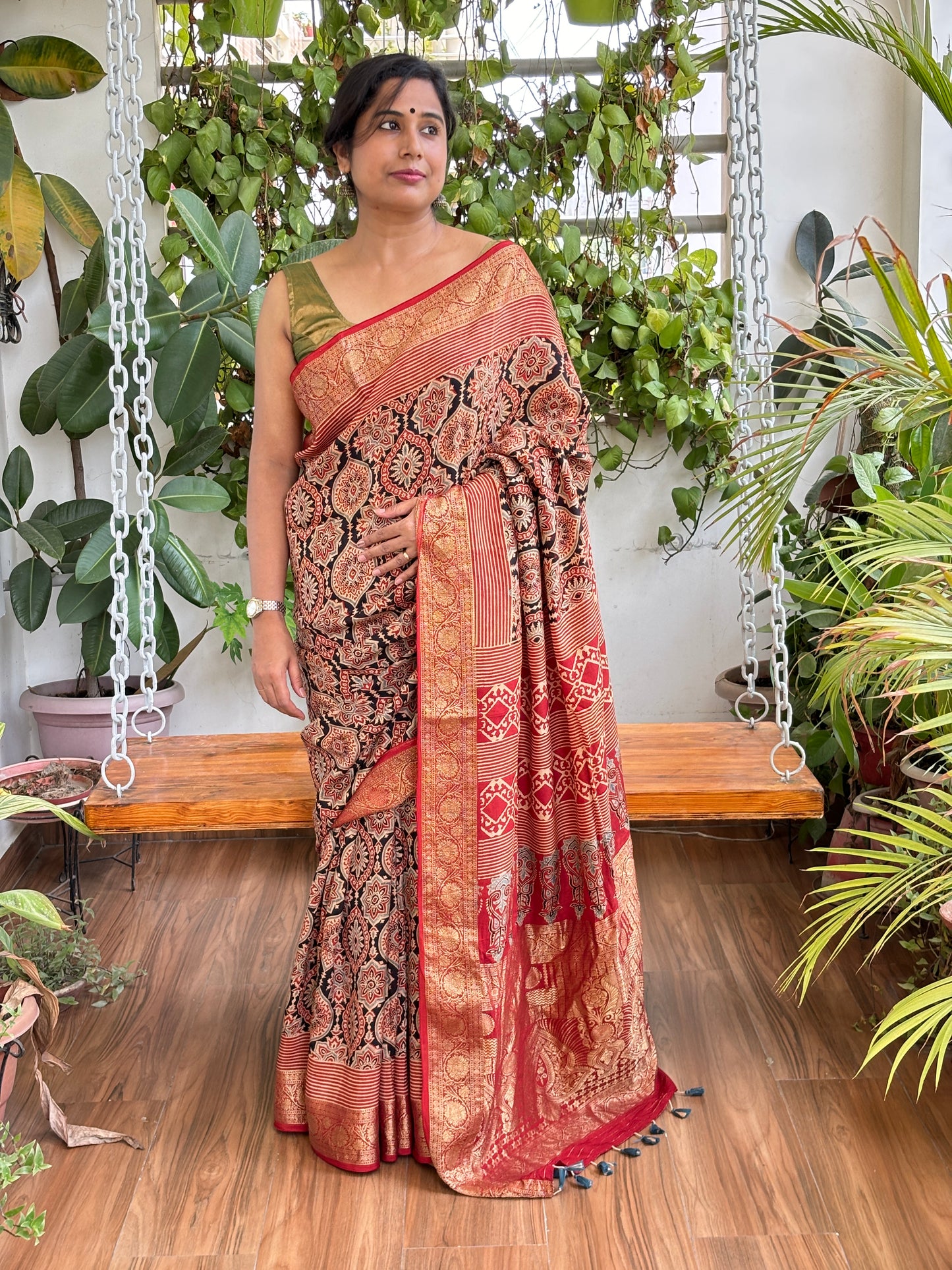 Utsav- Beautiful Natural Dyed Ajrakh Traditional Motif Dola Silk Saree