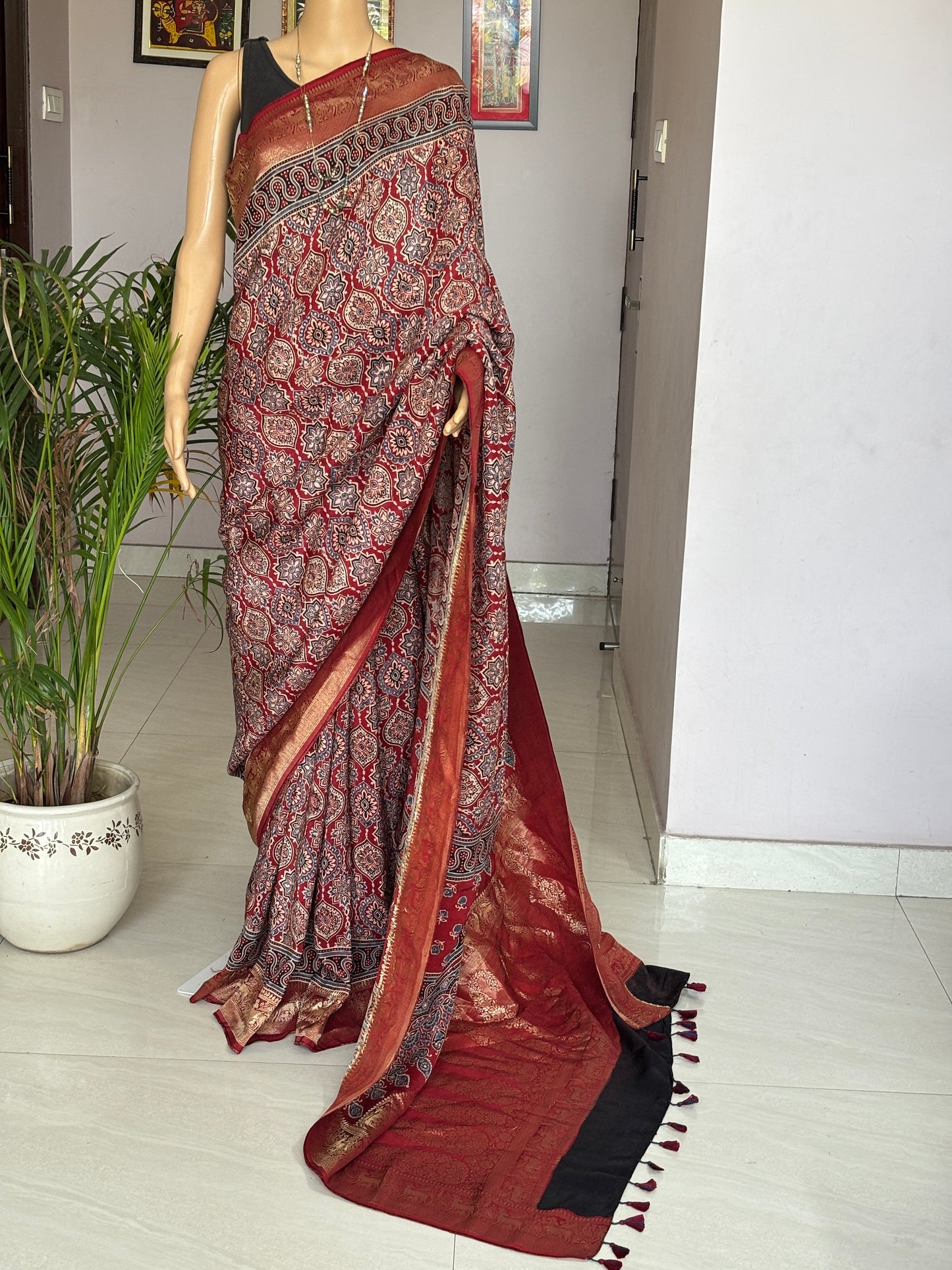 Madder Red Ajrakh Hand Block Printed Badambuta Dola Silk Saree