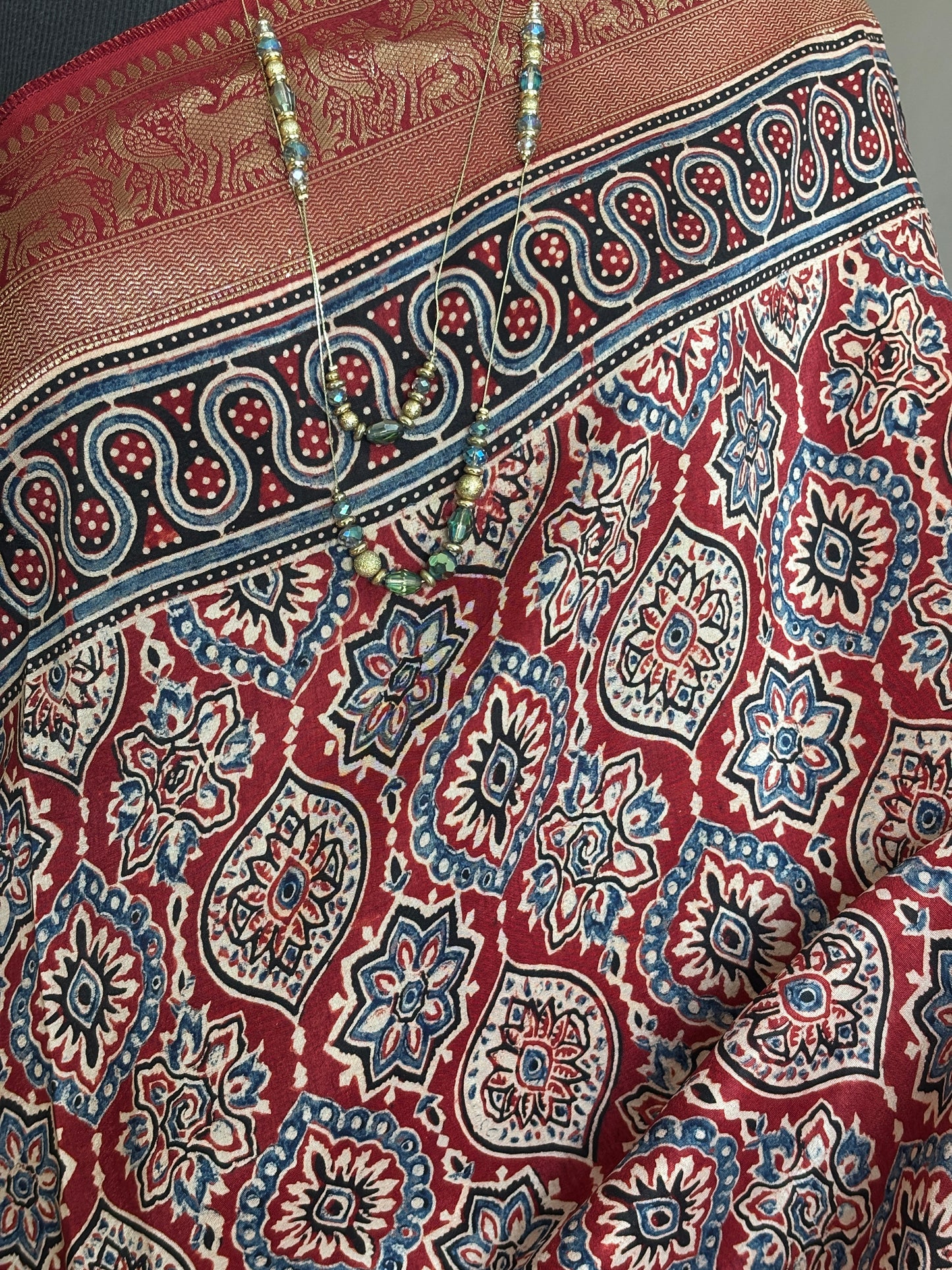 Madder Red Ajrakh Hand Block Printed Badambuta Dola Silk Saree