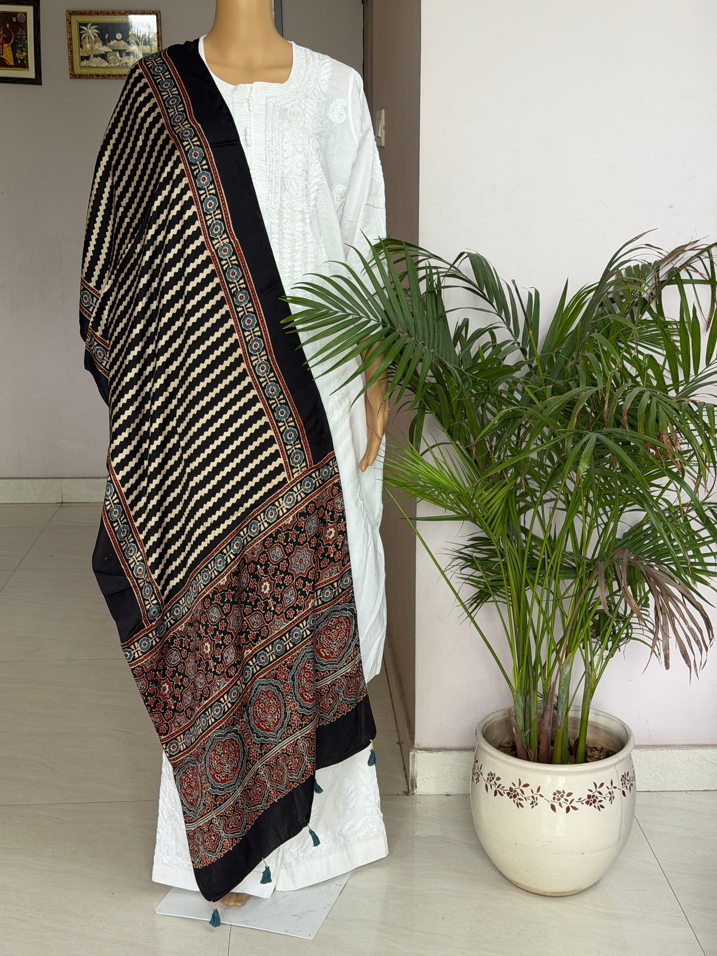 Black and Pale Ivory Stripe Natural Dyed Ajrakh Hand Block Printed Modal Stole