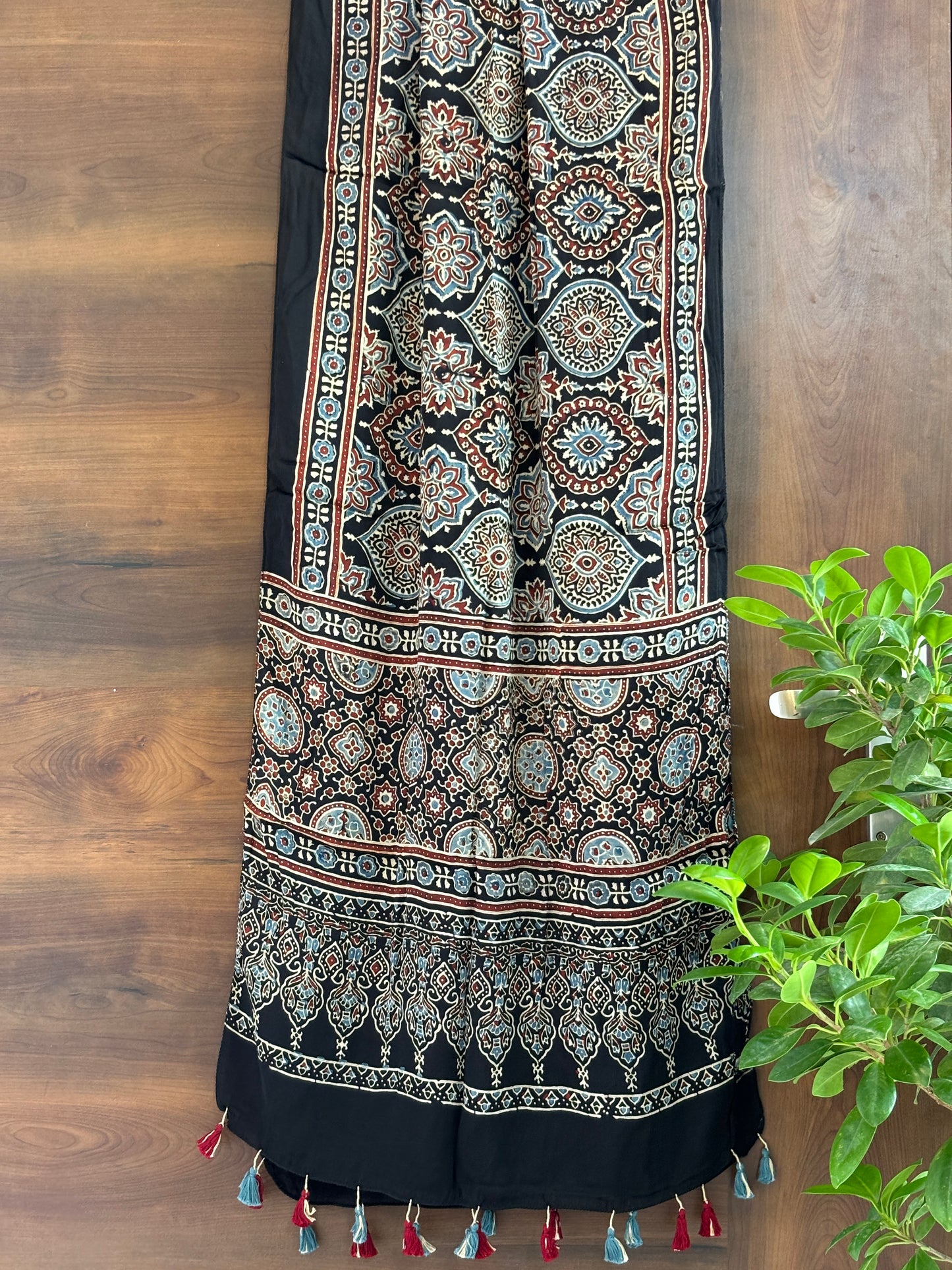 Ajrakh Stole- Black Natural Dyed Badambuta Motif Stole